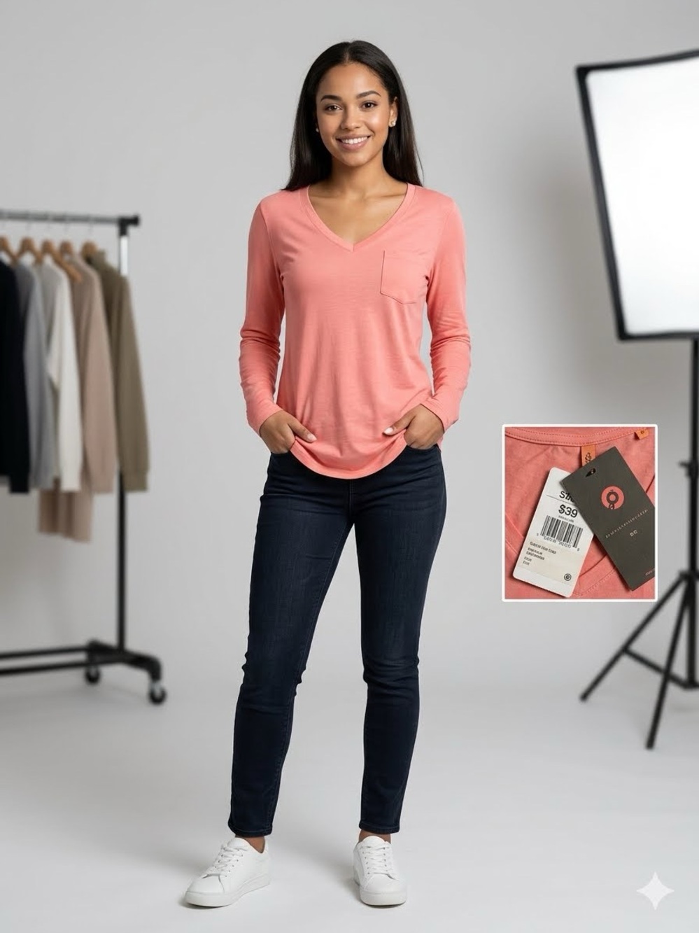 Chaser Long-Sleeve V-Neck Tee in Coral Pink